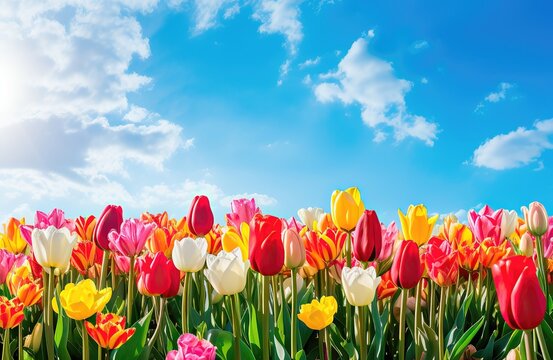 Tulip flowers as background image in front of blue sky. close up panoramic floral landscape of blooming colorful tulips in spring with sunlight