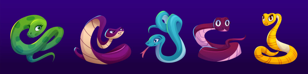 Cute and funny cartoon snake character vector. Happy python, cobra and viper reptile with long tail isolated set. Crawling tropical zoo animal baby kid image design. Wild zoology mascot collection