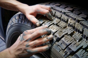person inspecting tread on a wornout tire
