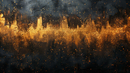 A painting of a cityscape with a lot of gold and black colors