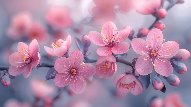   A tree has a bloom of pink flowers in a blurred image with blue sky background