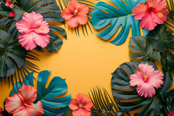 Tropical hibiscus flowers and palm leaves on yellow background. Flat lay composition with place for text. Summer vacation and exotic plants concept. Design for invitation, generative ai - obrazy, fototapety, plakaty