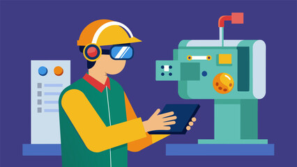 A worker using an AR headset to inspect and troubleshoot a piece of machinery with a 3D model of the equipment overlaid onto the physical