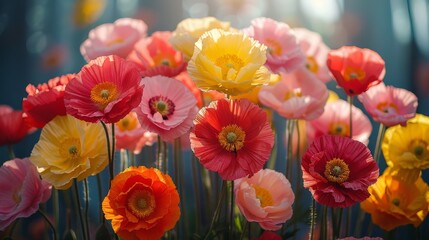   A close-up of vibrant flowers in various hues against a serene blue backdrop with a soft blur effect in the background