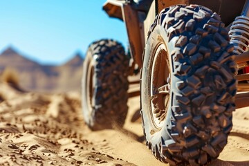 closeup of sandy tires on a dune buggy with desert landscape behind - obrazy, fototapety, plakaty