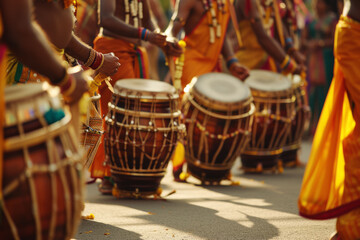 Fototapeta na wymiar The rhythmic sound and movement of traditional South Indian music and dance performed during Thaipusam, emphasizing the energy and emotion. Soft focus