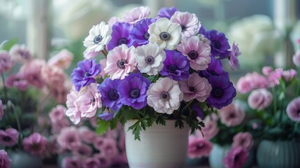   A vase of purple and white flowers on a windowsill surrounded by more of the same