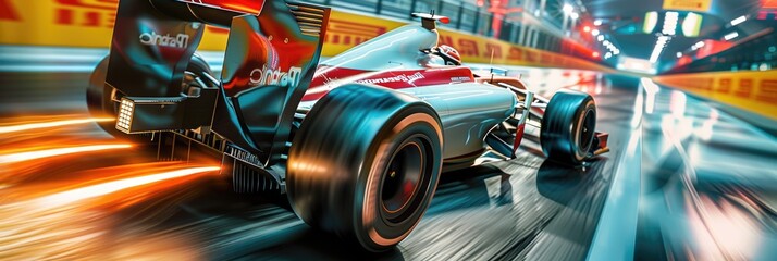 Formula 1 car racing on the circuit track while driving at high speed and accelerating at full...