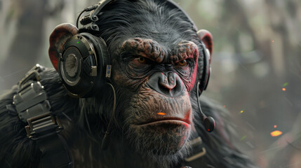 A monkey wearing headphones and a microphone - obrazy, fototapety, plakaty