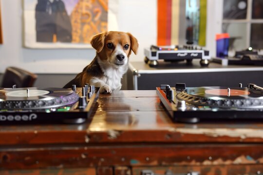 beagle in dj booth, two turntables in front