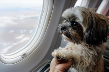 person holding a shih tzus paw as it looks nervously out the airplane window