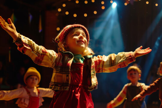 A genuine photo of kids participating in a local theater show, displaying their skills and inventiveness. The picture captures the purity of youthful artists