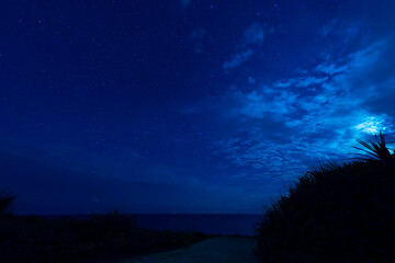 夜の砂浜と満天の星空