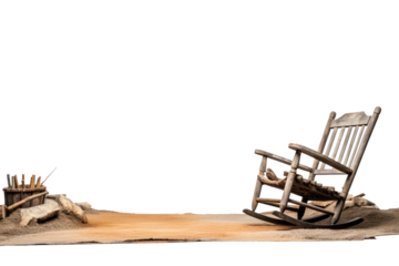 Solitude Rocker: A Wooden Rocking Chair Serenely Resting on a Sandy Beach. On a Clear PNG or White Background.