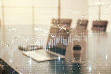 Multi exposure of abstract financial graph on laptop background, financial and trading concept