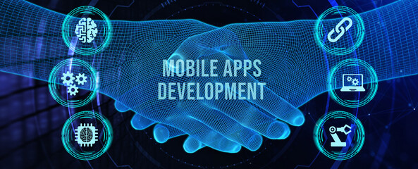 Inscription MOBILE APPS DEVELOPMENT on the virtual display. Cloud technology concept. 3d illustration