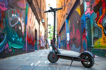 Naklejka premium electric scooter commuter passing through a colorful street art alley