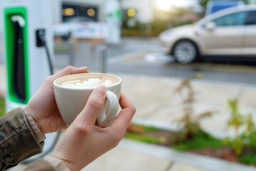 hands holding a cup of coffee with a blurred ev charging station in the background - obrazy, fototapety, plakaty