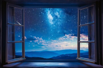 A magical window view of a starry night sky, with twinkling constellations, shooting stars, and the...