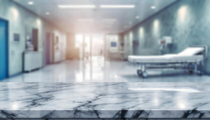 Clean shiny marble surface with blurred hospital emergency room background - obrazy, fototapety, plakaty