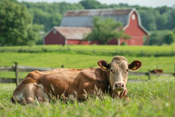 A contented cow lying in a green pasture, chewing cud with a traditional red barn in the background, capturing the timeless connection to dairy production. - obrazy, fototapety, plakaty