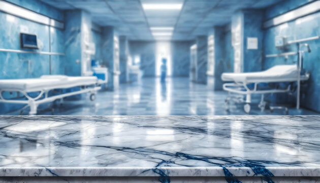 Clean shiny marble surface with blurred hospital emergency room background