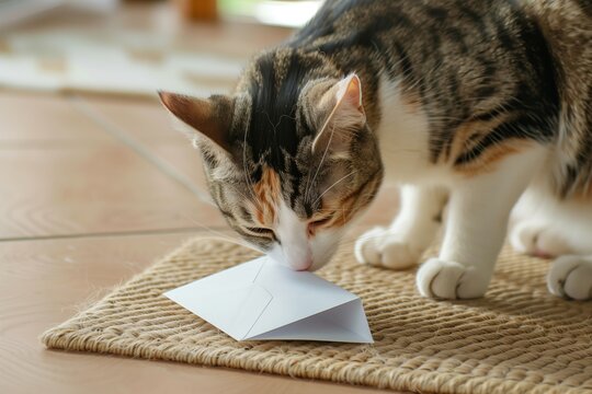 curious cat sniffing an envelope on a small mat