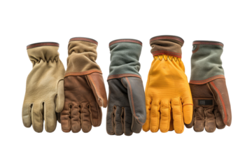 Five Pairs of Gloves Standing in Line. On a Clear PNG or White Background.