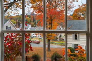 A nostalgic window view of a charming New England town in autumn, with fiery reds, oranges, and yellows painting the trees, and the crisp scent of fallen leaves in the air, Generative AI
