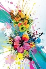 Photo sur Plexiglas Papillons en grunge A colorful painting of flowers and butterflies with a splash of color