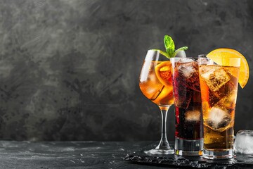 Spritz, cola and gin tonic cocktails on black with copy space