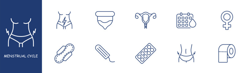 Menstrual cycle set line icon. Uterus, ovaries, toilet paper, pad, tampon, underwear, calendar. Pastel colors background Vector line icon for business and advertising