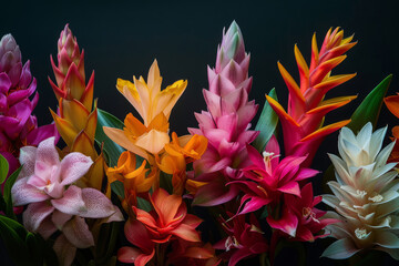Exotic tropical flowers displayed against a dark background, highlighting their vivid colors and...