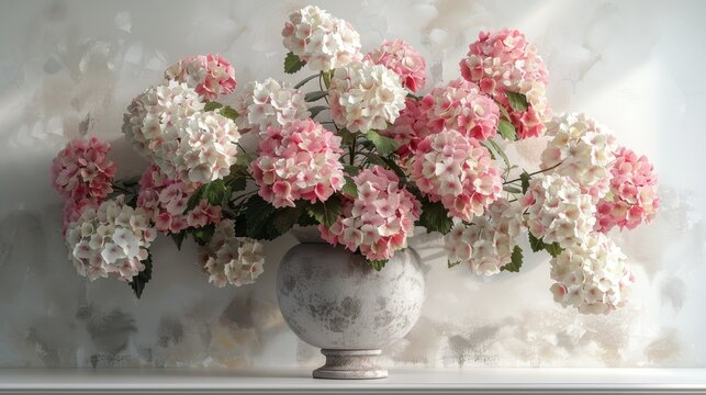   A vase brimming with pink and white blossoms rests atop a window ledge, set against a pristine white backdrop