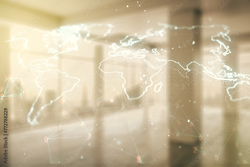 Poster multi exposure of abstract graphic world map on modern interior background, big data and networking 