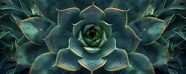 A modern and minimalist perspective captures a symmetrical succulent garden from above, highlighting the geometric patterns and textures of the plants illuminated by gentle overhead lighting.