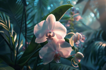 A stunning orchid displayed in a botanical conservatory, focusing on the intricate details of the...