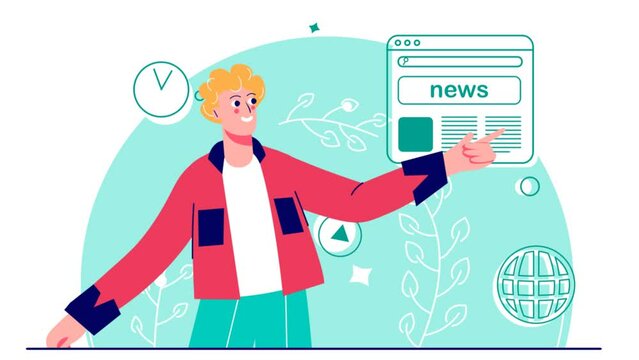 animated illustration of a presenter presenting the news