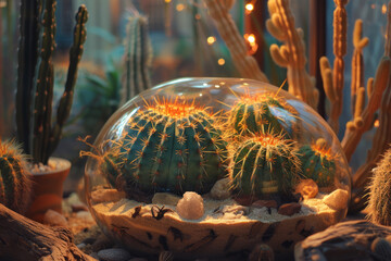A desert-themed terrarium filled with cacti, set in a sandy environment with pebbles and dried driftwood accents. - obrazy, fototapety, plakaty
