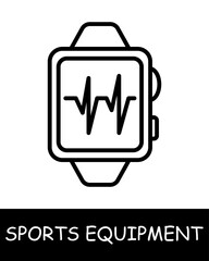 Smart watch line icon. Sports equipment, hockey stick, basketball, tennis racket, volleyball, boxing gloves, barbell, dumbbells, jump rope, skis. Vector line icon for business and advertising