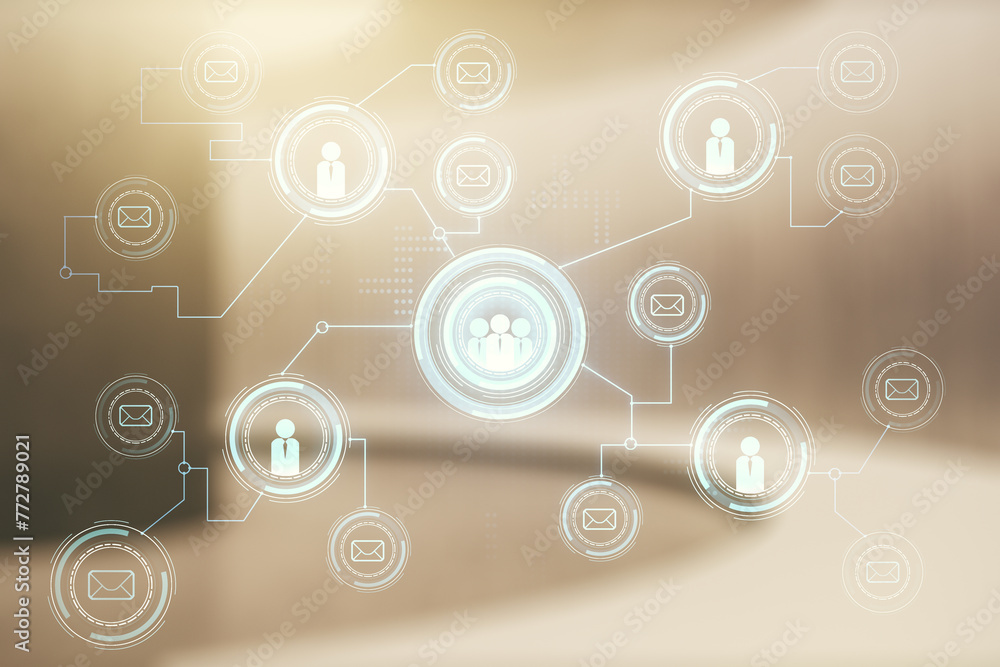 Aufkleber double exposure of social network icons hologram on empty room interior background. networking conce