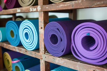 row of yoga mats rolled up on shelf - obrazy, fototapety, plakaty