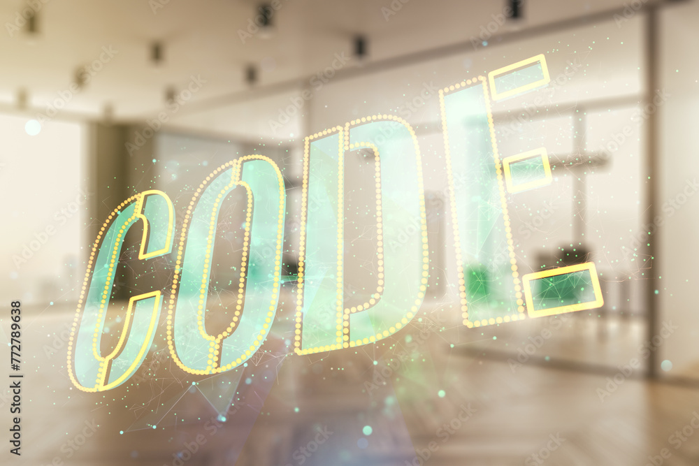 Poster code word hologram on a modern furnished classroom background, international software development co