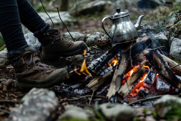 Obraz premium person taking a break from hiking, heating water in teapot at campfire