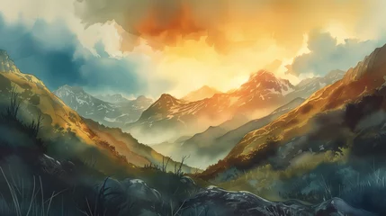 Foto op Plexiglas Watercolor painting of sky, mountains and sunlight shining brightly. © Gun