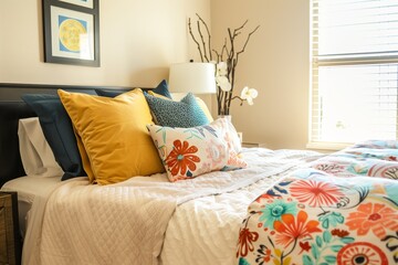 neatly made bed with decorative pillows in a sunny bedroom