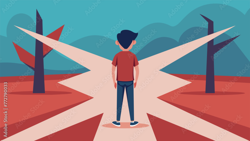 Poster a teenager standing in front of a crossroads with one path leading to order and structure and the ot