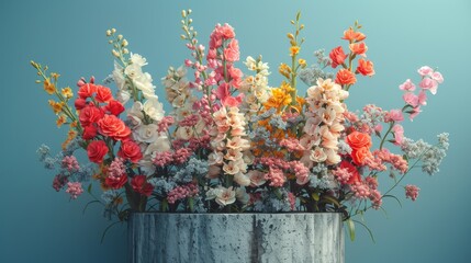  A variety of colorful flowers in a metallic vase against a blue backdrop with room for text or graphics