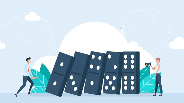 Businessman pushing the domino effect. Сhain reaction and disaster business concept. Standing dominoes. Action and reaction to balance business, chain row, and disaster strategy. 2d flat animation
