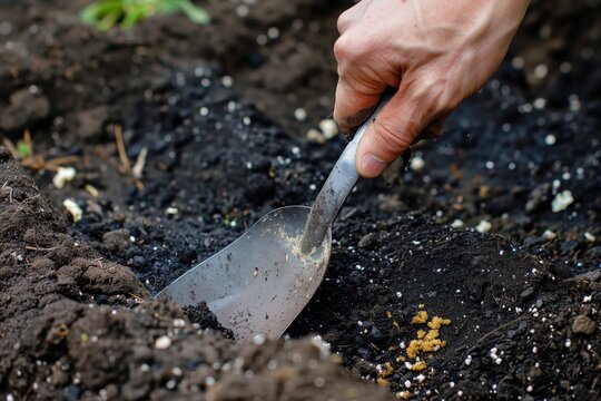 hand using a trowel to spread compost in a garden bed